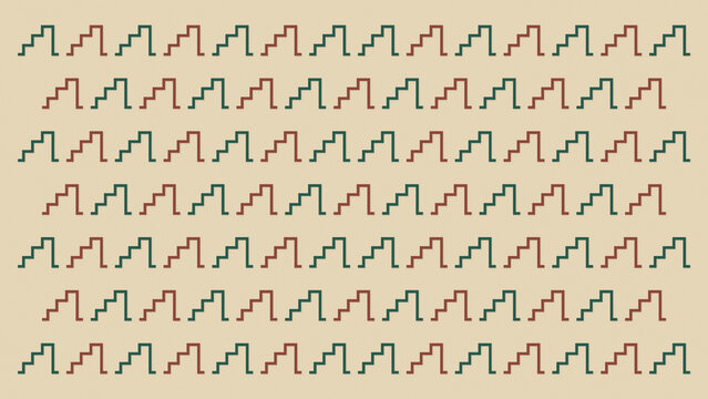 A rhythmic arrangement of stair-step geometric symbols alternates in forest green and terracotta on a warm cream ground, creating a modern folk-inspired surface design.