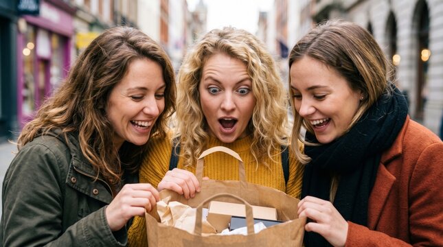 Three excited female friends looking inside a shopping bag together on a lively European city street