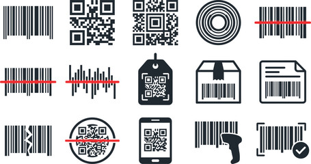 Fototapeta premium Barcode and QR code icon collection featuring scanning, product identification, packaging labels, digital tags, verification, inventory, and retail and QR code icon collection 
