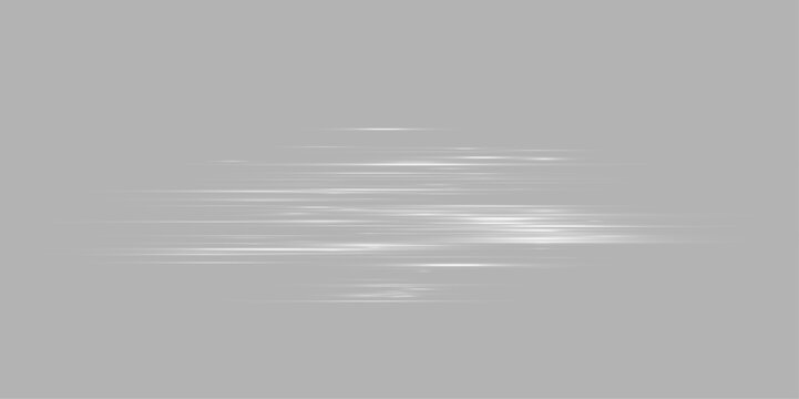 PNG. Dynamic white motion lines with bright luminous streaks. Horizontal blur creates a strong sense of movement. Isolated on a transparent background.

