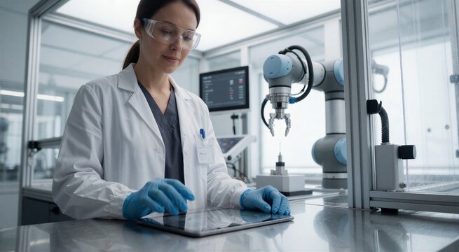Female biotech engineer in lab coat using a tablet at a modern automation workstation with a robotic arm in the background.