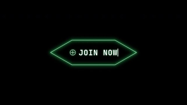 Neon green join now sign with typing animation effect on a black background for marketing and web design.