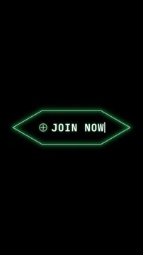 Green neon join now sign animation with typing text effect on black background for call to action.