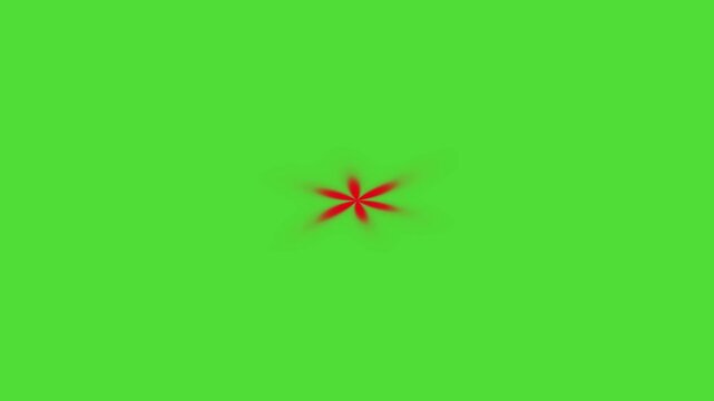 Abstract green screen transition featuring a small red six-petal flower-like shape appearing at the center and expanding with soft motion blur before transforming into a smooth visual effect. Ideal fo