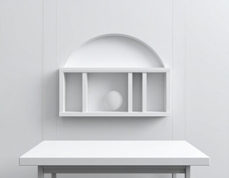 Front view of empty shelf on white table showcase and wall background with modern minimal concept. Display of backdrop shelves for showing. Realistic 3D render.