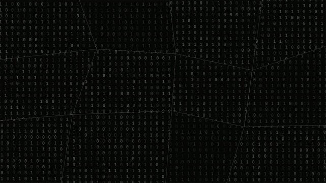 Abstract cyber security background featuring binary code displayed on fragmented glass panels.
