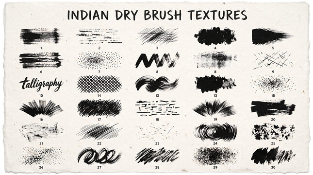 Monochrome set of hand drawn black ink stroke elements and dry paint brush effects for artistic graphic design projects