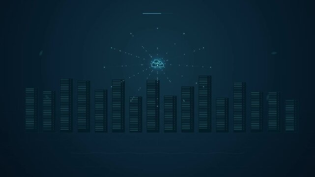 Digital server rack towers glowing with cloud network animation motion footage
