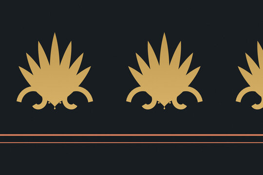 Bold stylized botanical emblems in muted gold repeat across a nearly black field, combining dramatic contrast and vintage elegance for wallpapers, textiles, packaging, and branding.