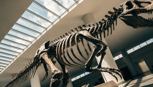 ated bones, long tail, and powerful legs under dramatic exhibition lighting.