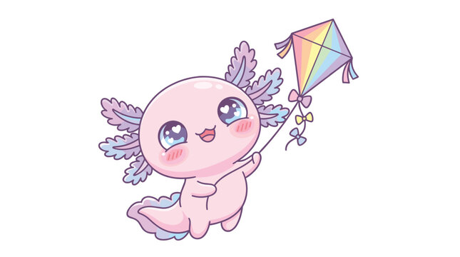 Cute kawaii pink axolotl flying colorful rainbow kite with heart eyes and pastel gills in playful children illustration design