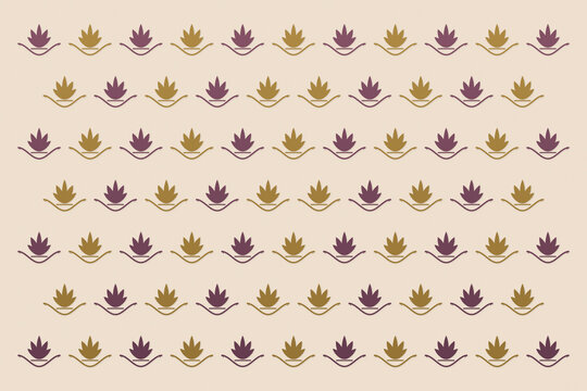 A regular field of plum and ochre lotus silhouettes with fine curved accents creates a warm, balanced decorative surface for fabric, wallpaper, packaging, or craft projects.