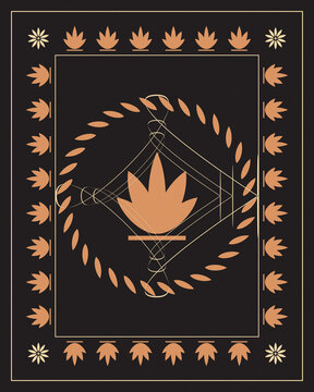 A central lotus emblem sits within layered geometric framing and curved botanical details, creating an elegant heritage-inspired composition in copper and cream on charcoal.