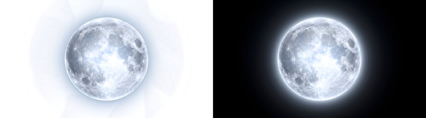 Obraz premium Icy white moon glowing sphere with bright cratered lunar surface for space design in PNG, Transparent and Black Background Versions for creative projects
