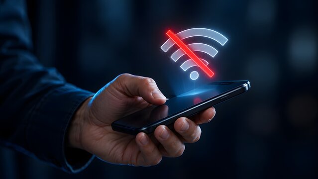 Hand holding smartphone with glowing red offline no wifi connection network error symbol
