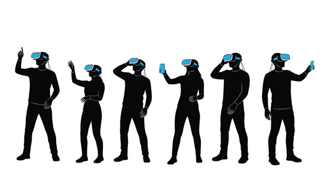 Collection of black silhouettes representing people wearing virtual reality headsets in various active poses.