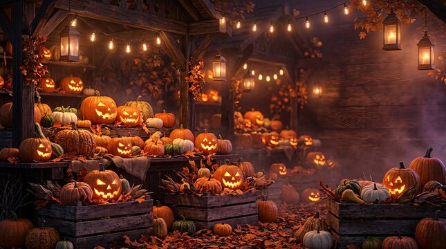 Glowing Jack-o'-Lanterns in Nighttime Pumpkin Patch Market