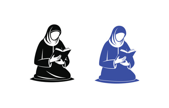 Muslim woman reading Quran vector icon, Islamic female praying with holy book, religious study silhouette set