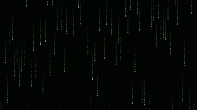 Digital matrix rain animation with green binary code falling vertically on a black background.
