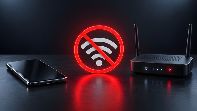 Smartphone and wireless router next to glowing red offline no wifi connection symbol on dark desk representing network outage and internet error