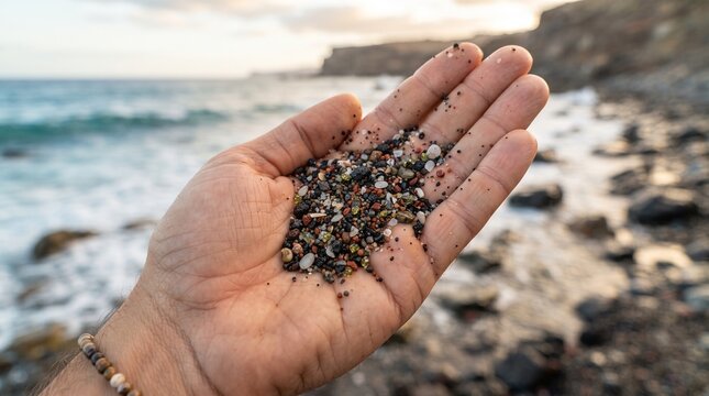 Handful of Colorful Microplastics on a Beach