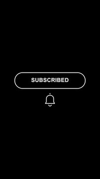 Minimal outline subscribe button and notification bell icon animation with hand cursor clicking on black background.