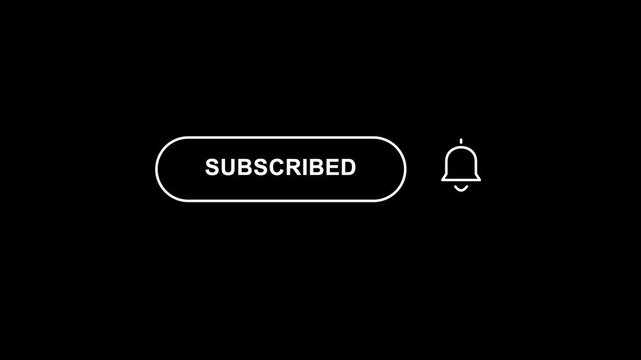 Minimal outline subscribe button and notification bell animation with hand cursor clicking on black background.