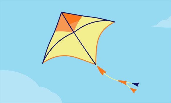 Colorful yellow and orange diamond kite flying high in the blue sky with clouds, vector cartoon illustration.