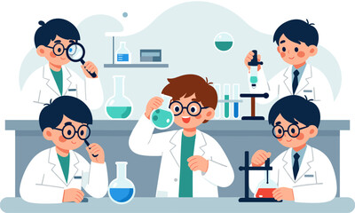 Fototapeta premium Group of curious children in white lab coats conducting science experiments with colorful liquids and beakers.