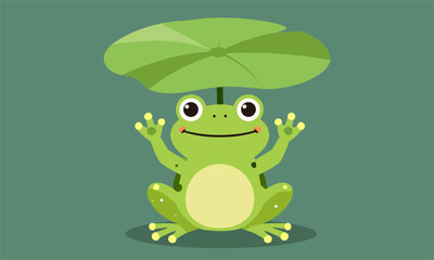Obraz premium Adorable green frog sitting happily under a large green lotus leaf used as an umbrella on dark green background.