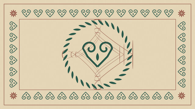 A refined beige composition features a green heart emblem surrounded by leafy wreath details and delicate geometric linework, ideal for romantic stationery, branding, or wedding designs.