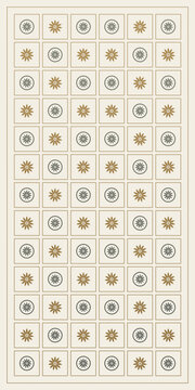 Tall repeating grid of cream tiles alternates circular rosettes and golden floral symbols, forming a calm botanical pattern suited to wallpaper, stationery, and textile design.