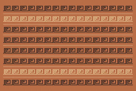 Graphic terracotta backdrop featuring alternating black, cream, and tan Greek key bands, creating a striking classical geometric design for borders, textiles, and branding.