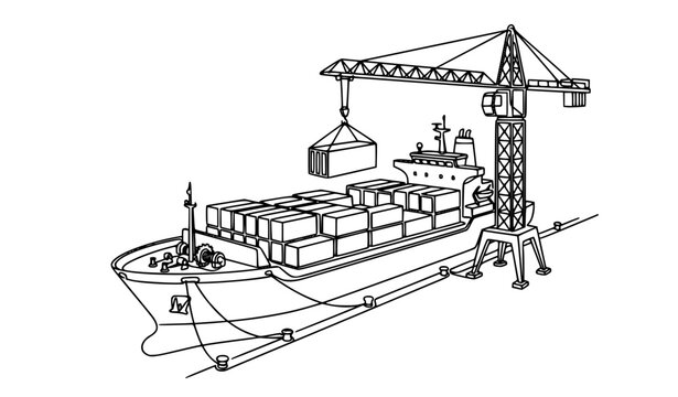 Cargo Vessel at Harbor with Port Crane One Line Vector Illustration