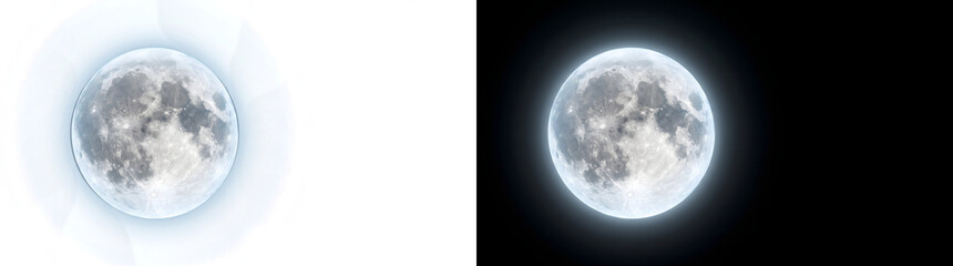 Full moon glowing sphere positioned to the left with detailed cratered surface for space design in PNG, Transparent and Black Background Versions © Tanay