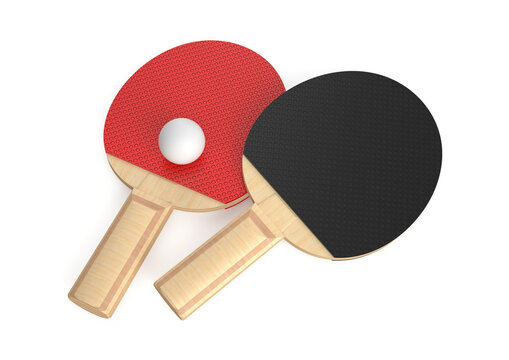 Red and black table tennis paddles with a small white ping pong ball