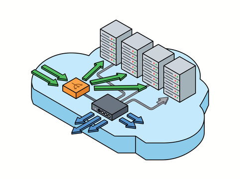 Modern cloud infrastructure diagram illustrating load balancing between data centers and end-user devices