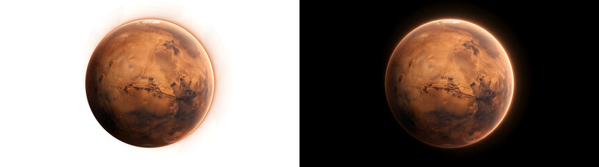 Mars planet glowing sphere with detailed valley terrain and bright polar ice cap for space design in PNG, Transparent and Black Background Versions © Tanay