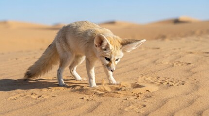 Fototapeta premium Fennec Fox in the Sahara: A fennec fox with its characteristic large ears explores the sandy terrain of the Sahara Desert, its fur blending with the golden dunes under a clear blue sky.