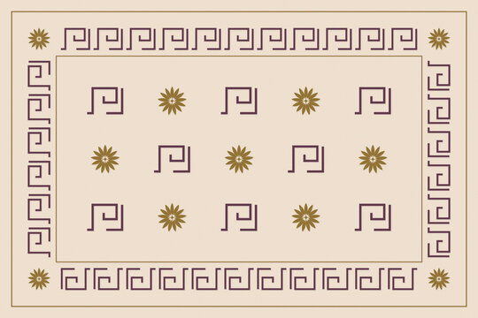 A cream field is framed by plum spiral geometry and ochre flower emblems, blending classical structure with botanical detail for sophisticated wallpaper, fabric, and print use.