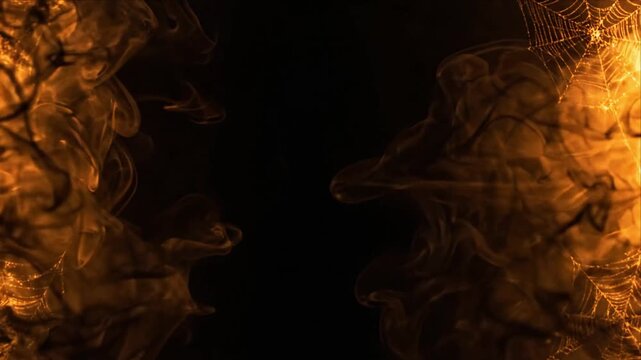 Halloween Background with Glowing Amber Smoke, Spooky Spider Web, Mysterious Silhouette Profile Face, Eerie Orange Glow, Dark Center and Haunting Seasonal Atmosphere for SEO Design