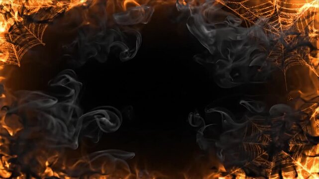 Halloween background with black smoke, glowing orange ember, darkness, intricate spider web frame, empty center, eerie atmospheric scene, seasonal design, haunted celebration decoration
