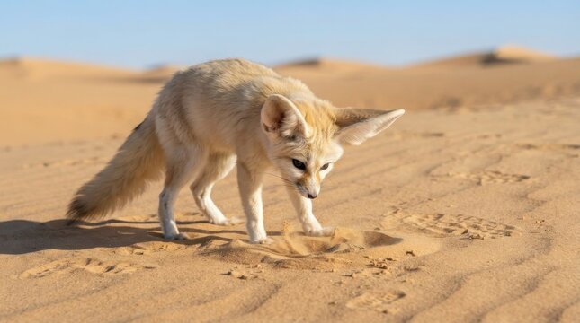 Fennec Fox in the Sahara: A fennec fox with its characteristic large ears explores the sandy terrain of the Sahara Desert, its fur blending with the golden dunes under a clear blue sky.