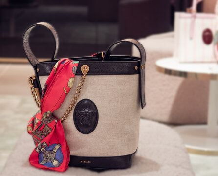 Pivot bucket bag in canvas, linen and cotton, in a light colourway with leather and a Medusa detail by Versace.Milan - Italy, 11 September 2026