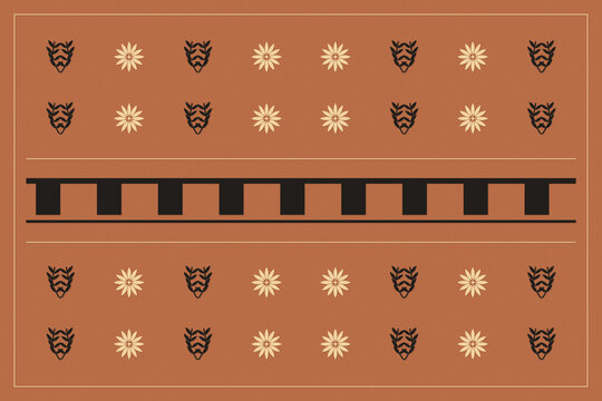 A warm terracotta decorative pattern combines black pineapple emblems, cream flowers, and geometric bands in a balanced folk-inspired design for textiles, packaging, and interiors.