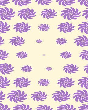 Whirling violet sun shapes are scattered over a creamy ground in varied sizes, producing a lively yet balanced retro surface for textiles, wrapping, and editorial design.
