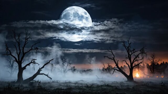 Horror Landscape Full Moon Behind Twisted Dead Tree and Glowing Jack o lanterns, Foggy Haunted Forest Halloween Background with Eerie Mist and Mysterious Seasonal Design Atmosphere