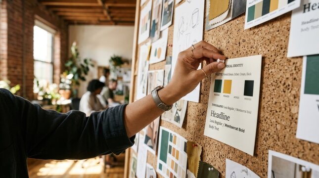 Close up of a creative art director pinning a visual identity brand guide with color swatches and typography samples onto a cork mood board in a bright modern design studio office space.