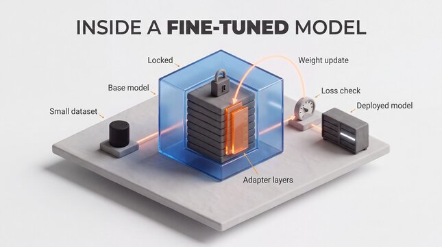 Inside a fine-tuned AI model, 3D isometric infographic of a locked base model with adapter layers and weight updates
