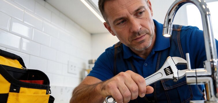 Plumber in a blue shirt uses an adjustable wrench to repair a chrome kitchen faucet against a white subway tile backsplash.